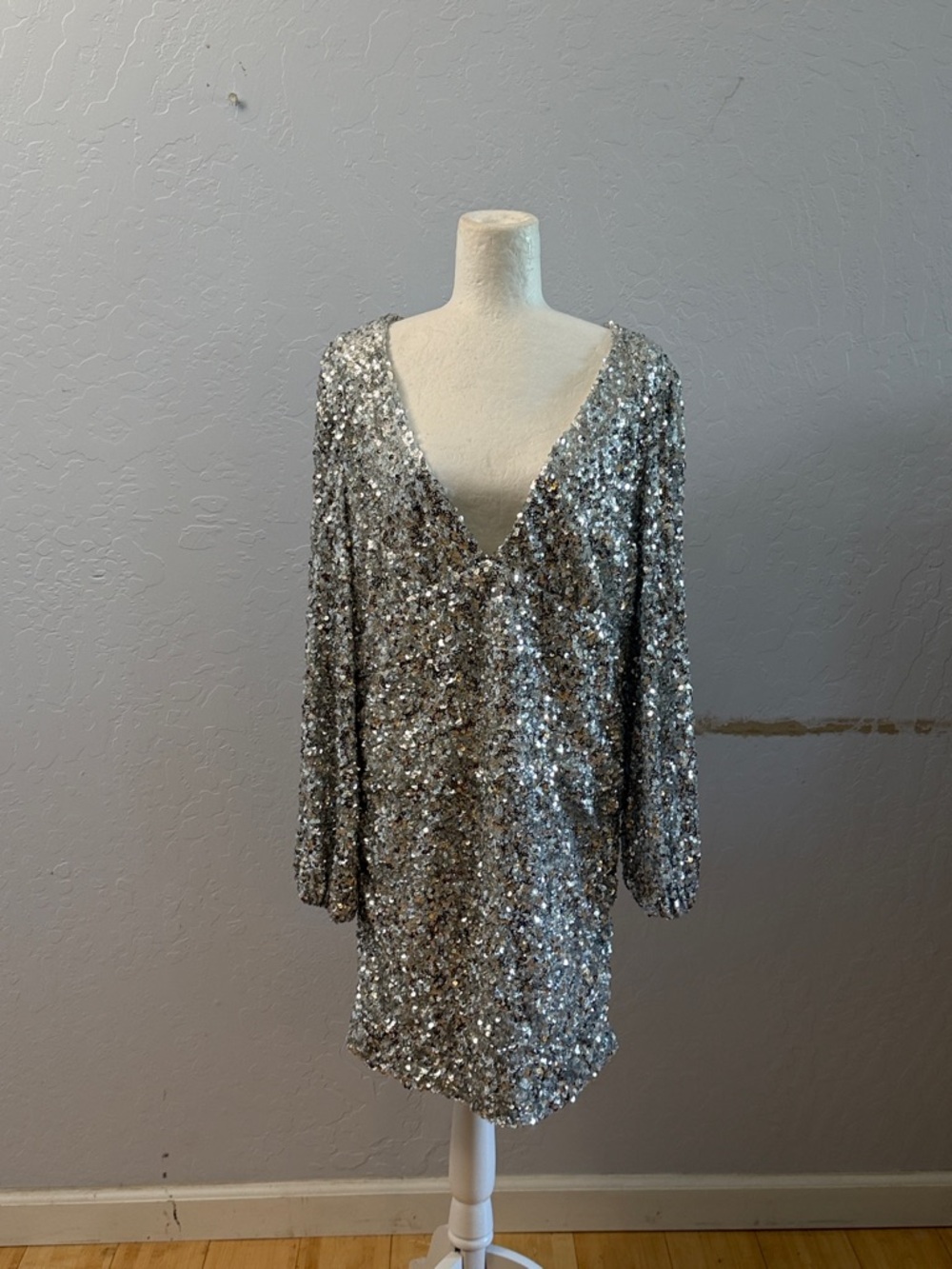 Fashion Nova Silver Sequin Mini Dress with V-Neck